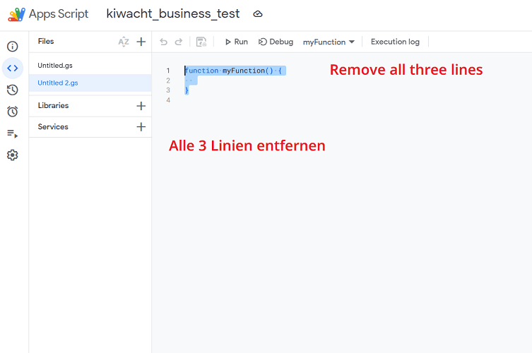 Alle drei Zeilen von myFunction entfernen